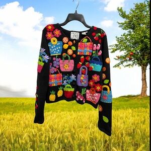 Michael Simon sweater cardigan size small fruit basket purses floral felt beaded